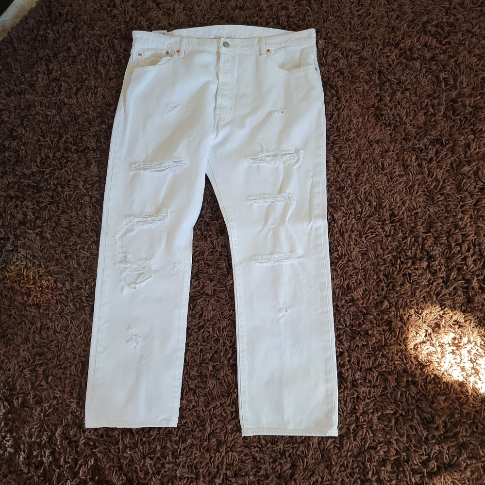 Levis White Button Fly Jeans with factory designed tears W40 L30